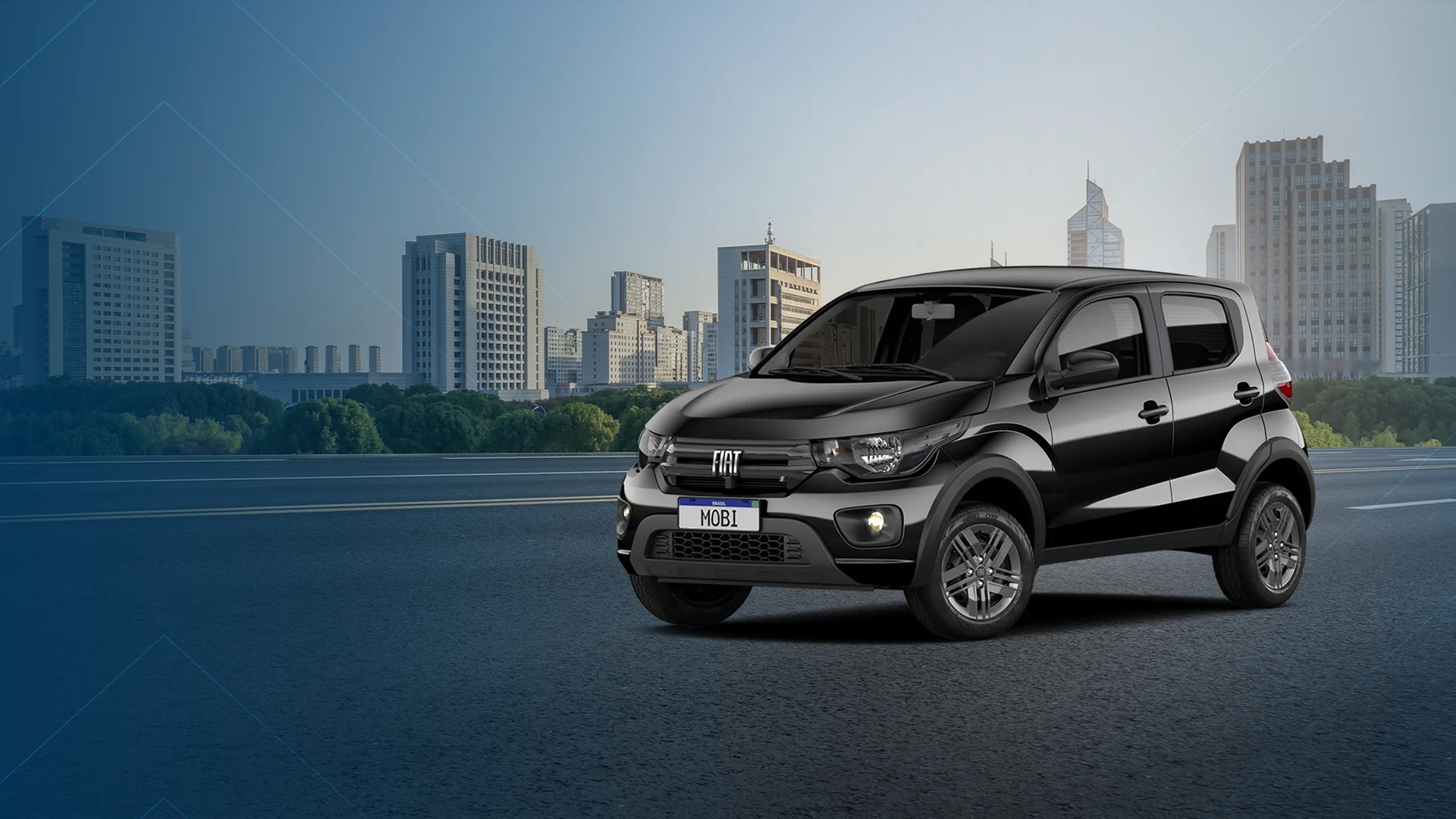 Carro hatch preto da frota da UP Locadora em uma avenida, com skyline de prédios da cidade ao fundo.
