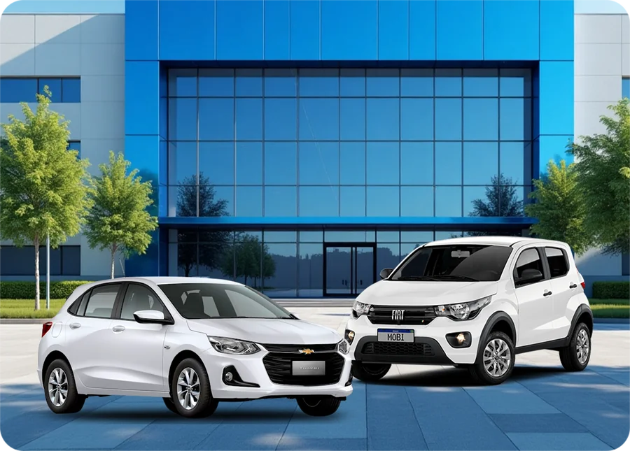 Carros Chevrolet Onix e Fiat Mobi brancos, da frota da UP Locadora de Veículos, estacionados em frente a um prédio moderno com fachada azul.